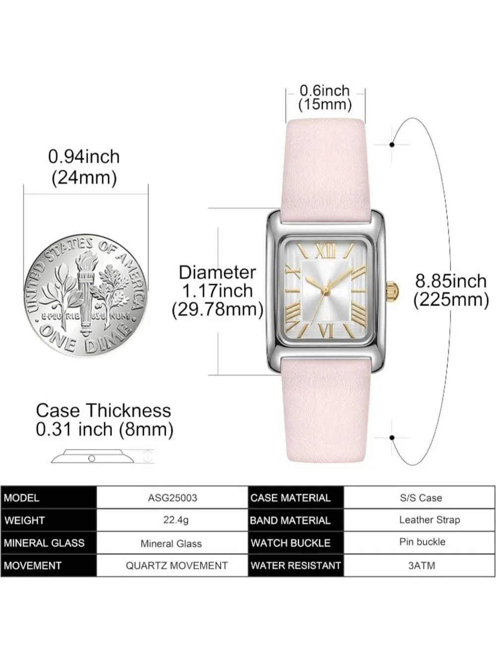 Women's Pink Silver Roman Numeral Leather Strap Square Face Analog Vintage Watch
